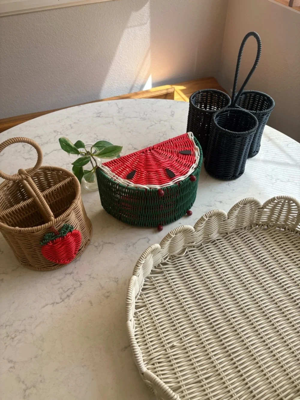 Set of 4 White Wicker Serving Tray, caddy bowl etc